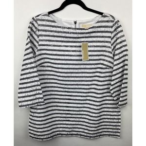 Michael Kors Women Blouse Size 10 Black White Stripe Sequin Lace 3/4 Sleeve $225